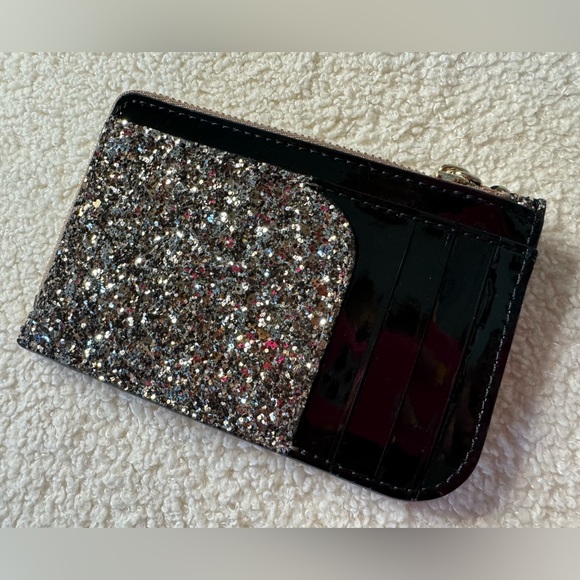 Kate Spade Odette Zip Card Holder Wallet Silver Black Glitter Keychain NWOT - Picture 5 of 7